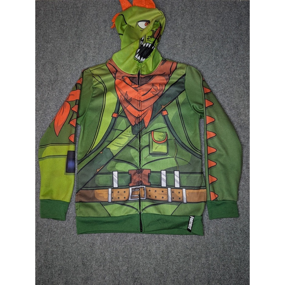 Fortnite Boys‎ Green Rex Dinosaur Cosplay Hoodie Zip Front Sweatshirt XL (14-16)